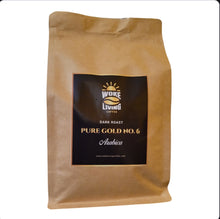 Load image into Gallery viewer, Pure Gold No. 6 dark roast coffee bag with black label on a white background