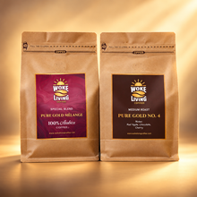 Load image into Gallery viewer, Woke Living Coffee Starter Pack two-bag roast sampler on a premium morning glow background