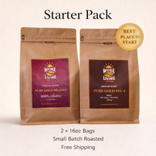 Load image into Gallery viewer, Woke Living Coffee Starter Pack with two 16 oz coffee bags on a light neutral background
