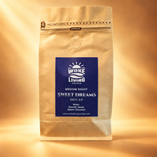 Load image into Gallery viewer, Sweet Dreams Decaf full-body Woke Living Coffee bag on a premium morning glow background
